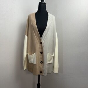 BKE Color Block Button Front Cardigan‎ Women's Oversized Medium Gray Brown & Tan